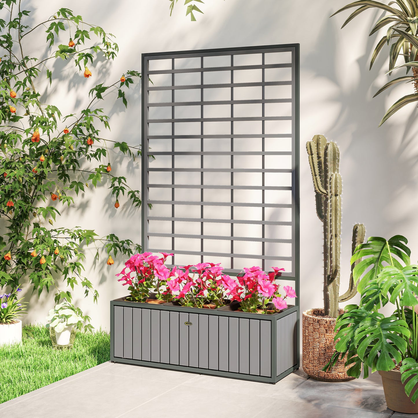 Wooden Raised Garden Bed with Trellis & Removable Pots, Gray, 29x11x52 Inches