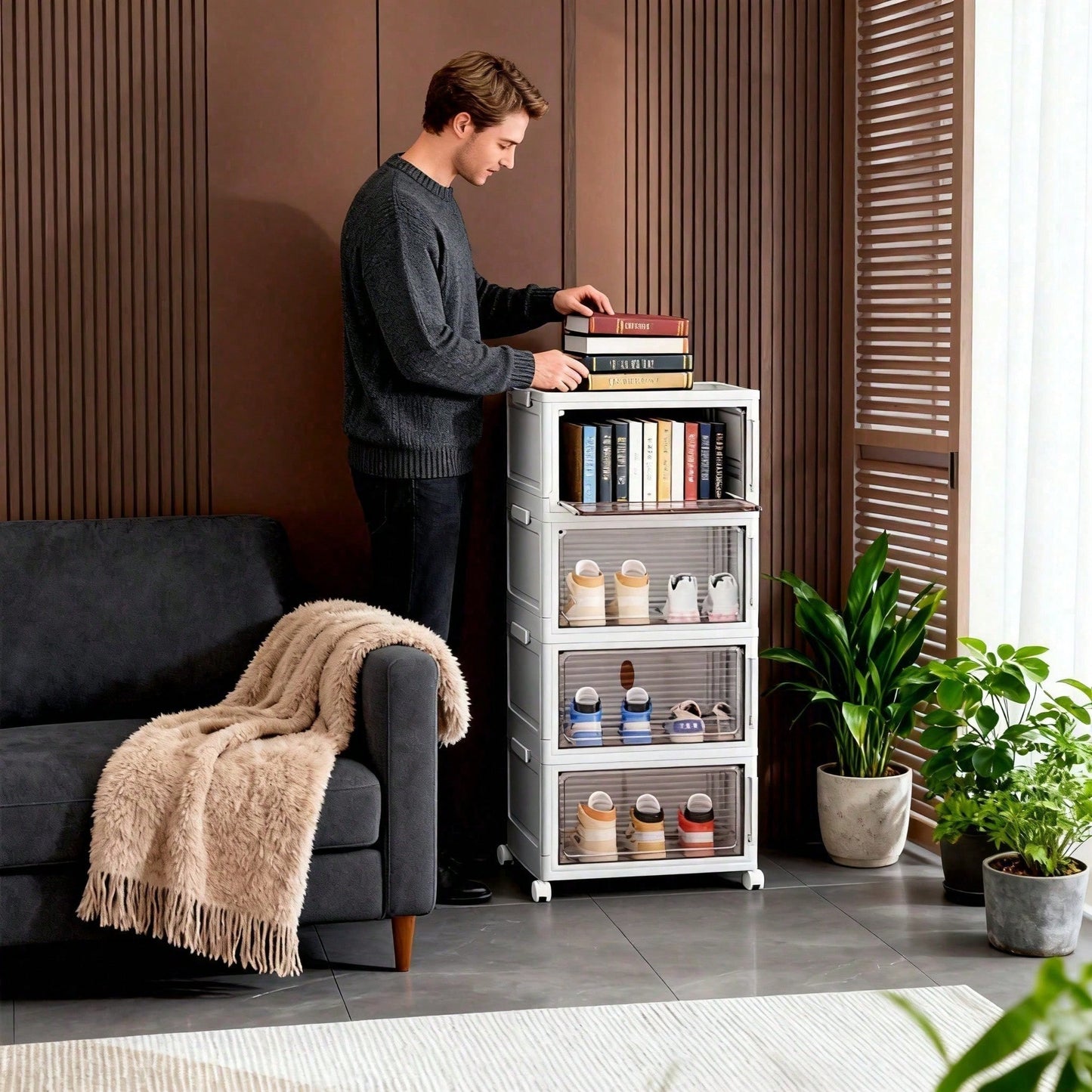 Stackable Shoe Storage Rack, Plastic Cabinet With Clear Doors For