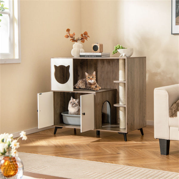 Multifunctional Cat Furniture with Scratching Posts, Privacy Enclosure & Storage