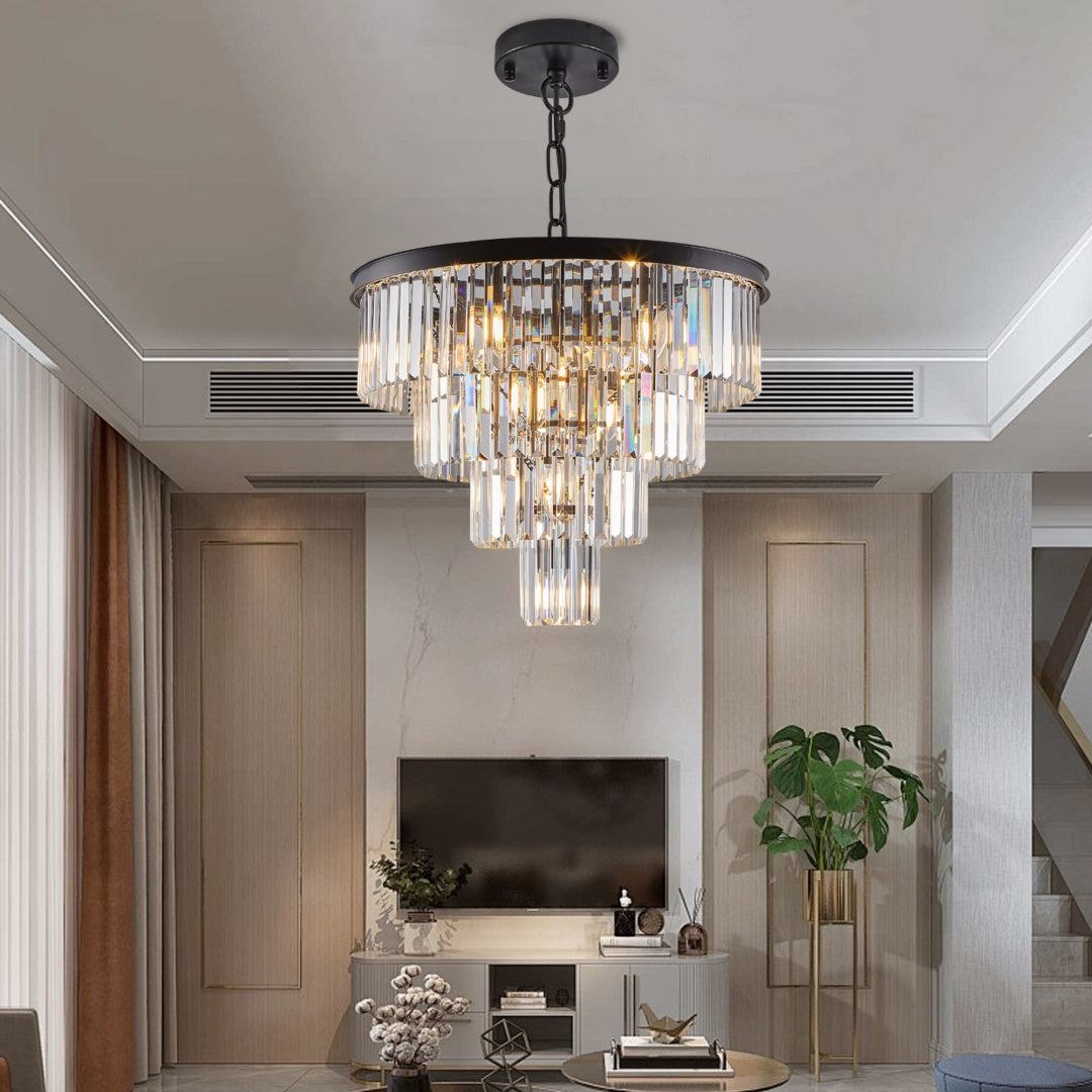 Elegant Black Crystal Chandelier - 4 Tier Modern Lighting Fixture