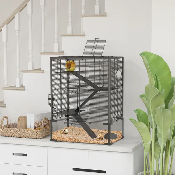 4-Tier Hamster Cage with Tempered Glass Bottom, Running Wheel, Hut, Water Bottle, Food Dish