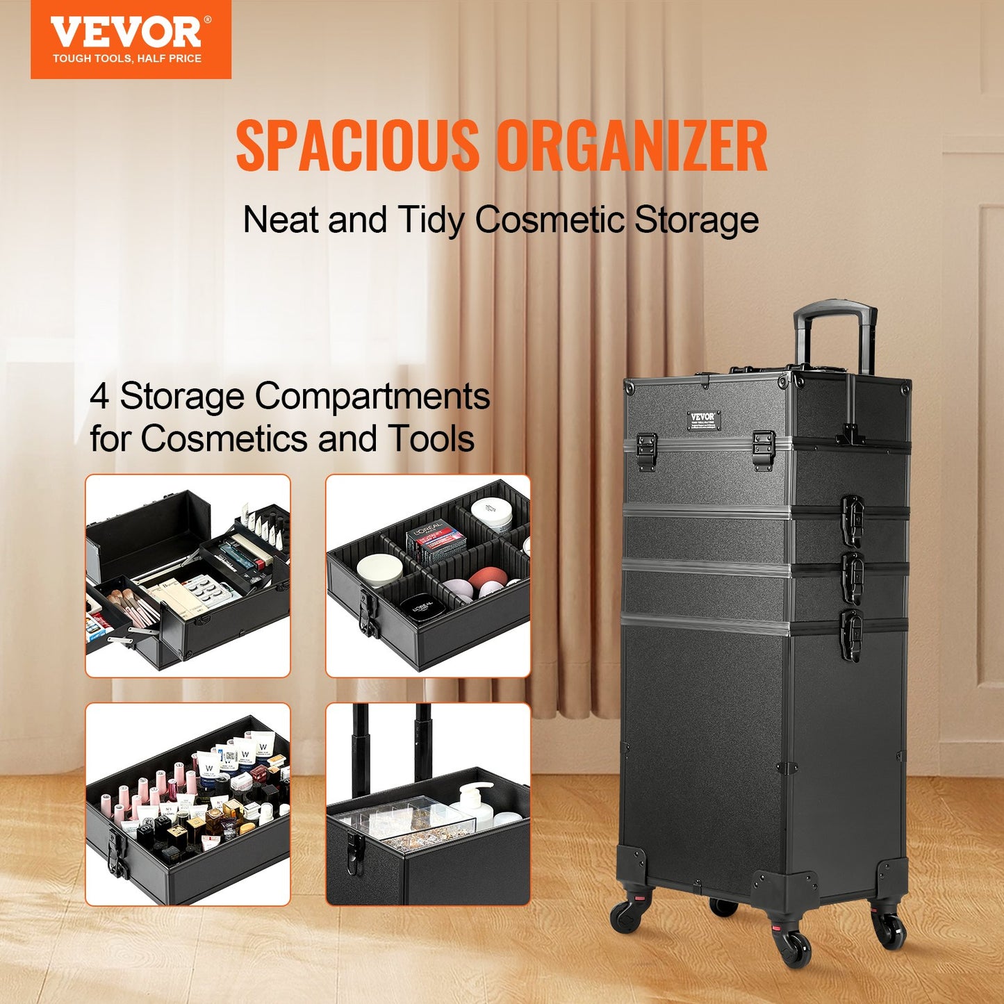 Large Makeup Train Case with 4 Detachable Compartments and 360° Wheels - Travel Cosmetic Organizer
