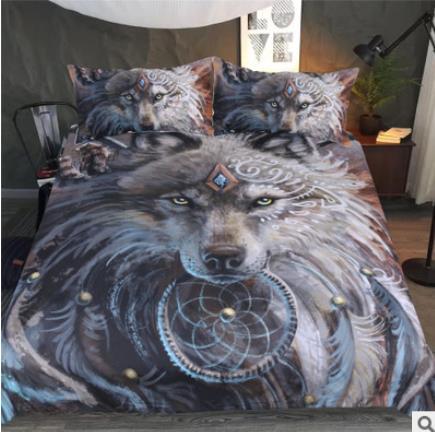 3D Wolf Tribe Warrior Duvet Cover Set - Cartoon Animal Bedding with Polyester Fabric