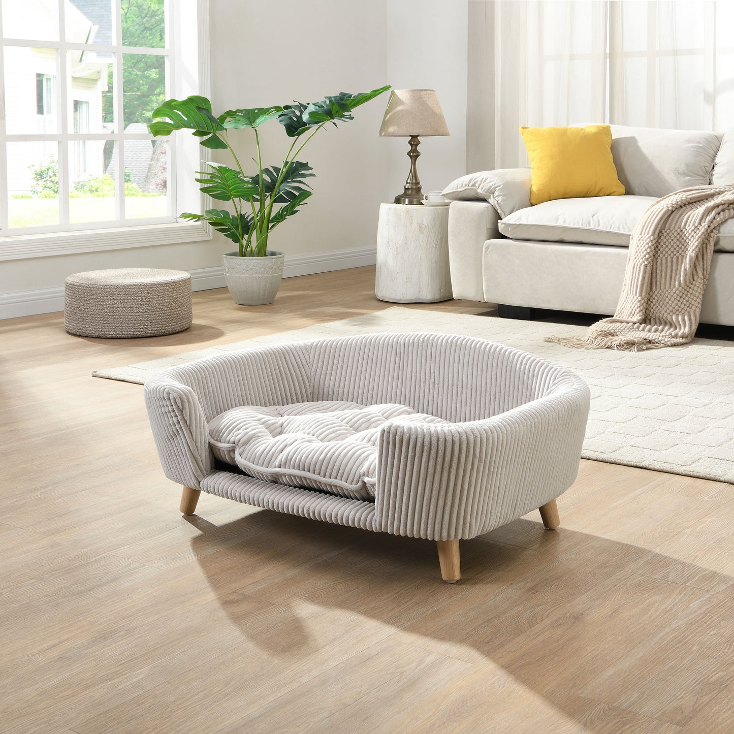 Small Dog Elevated Bed Frame with Corduroy Cushion & Rubber Wood Legs - Beige
