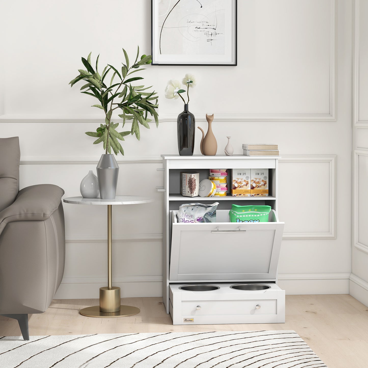Pet Food Storage Cabinet with Raised Bowls and Storage Shelves - White