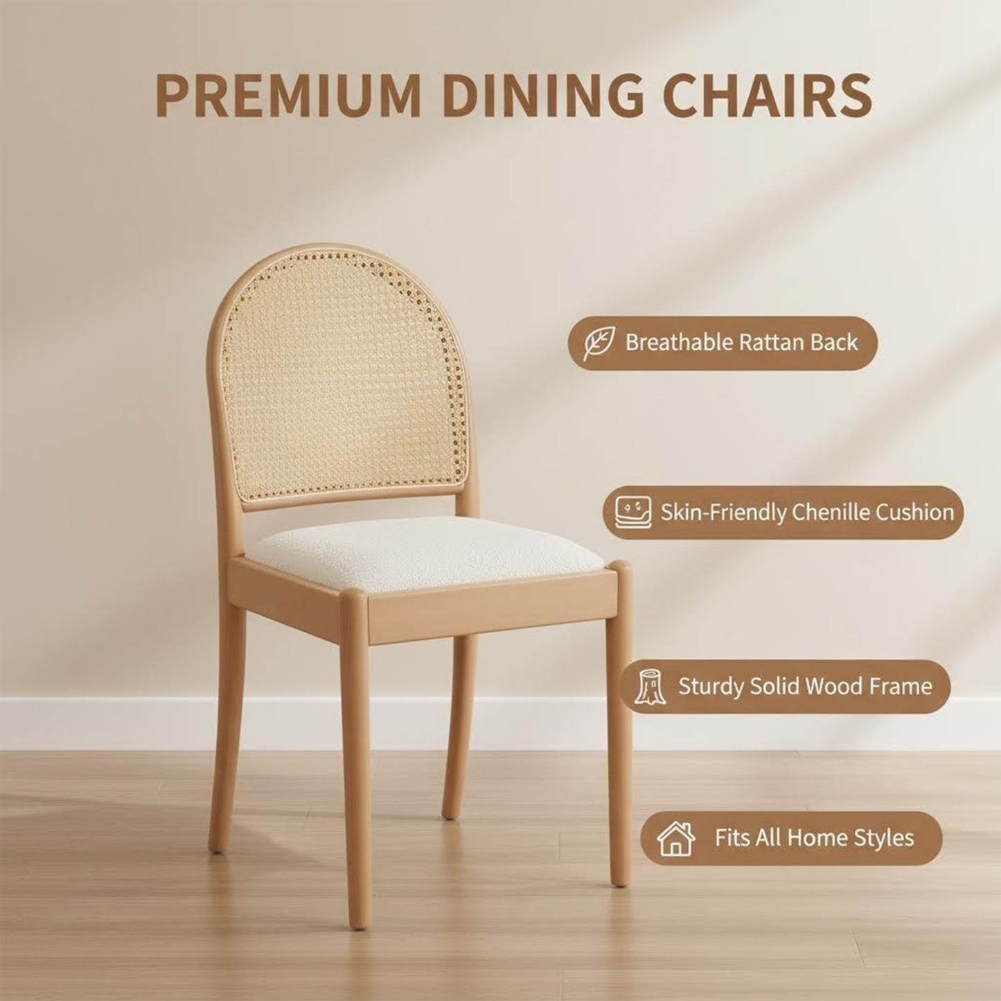 Beige Rattan Dining Chairs Set of 2 - Upholstered Kitchen Seating
