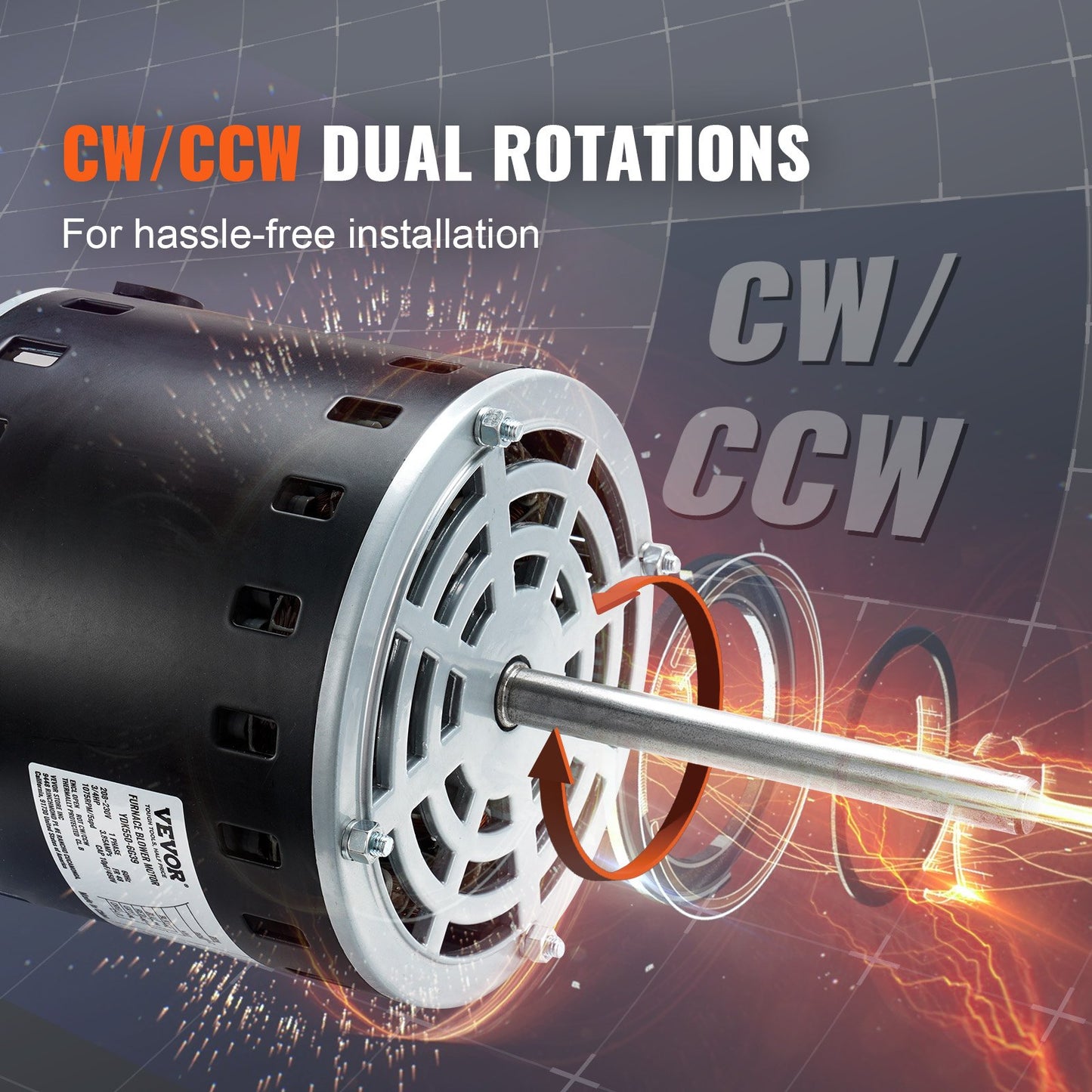 3/4HP Furnace Blower Motor 208-230V 5-Speed CW/CCW Rotation - Black