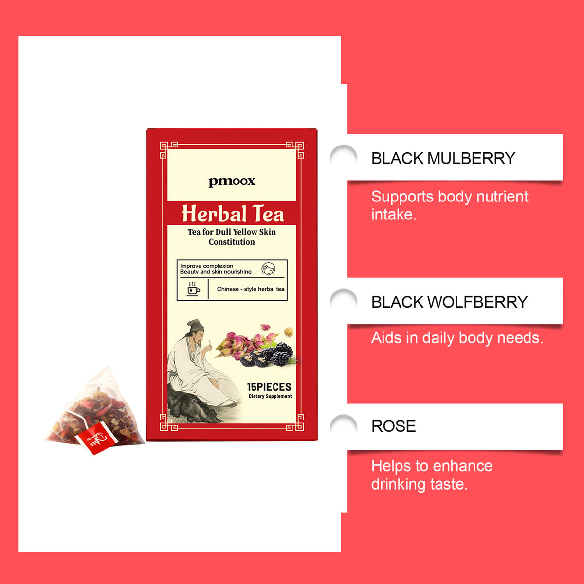 Herbal Color Conditioning Tea Bags - Black Mulberry & Rose, 15 Pieces