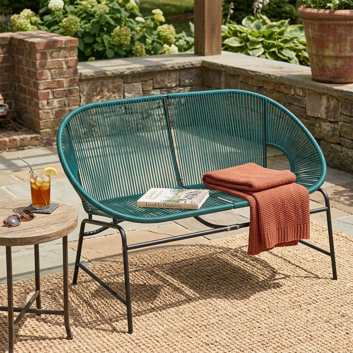 CONDESSA OUTDOOR PATIO WICKER LOVE SEAT, GREEN PE RATTAN & IRON