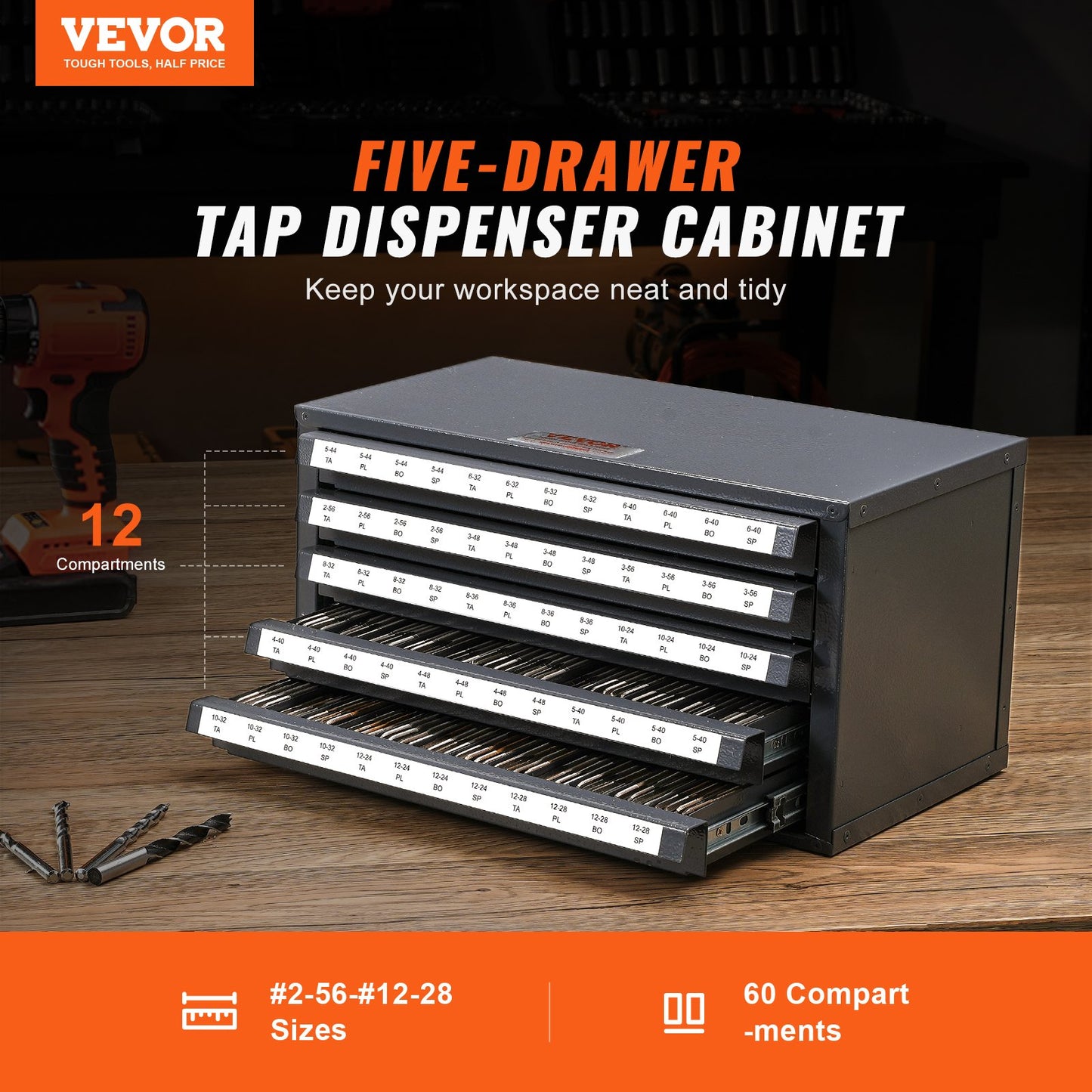 Grey Tap Dispenser Organizer Cabinet with 60 Compartments for Power Tools