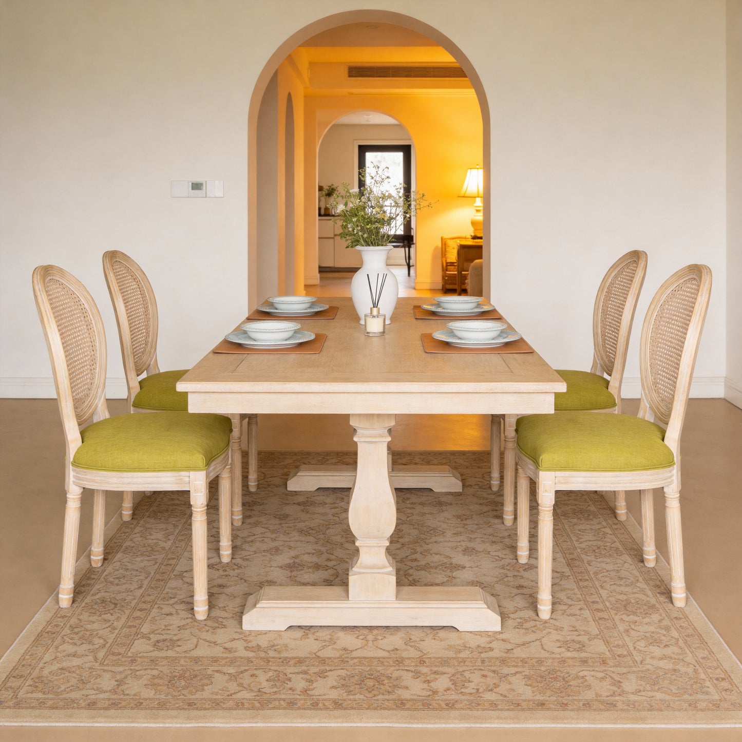 French Country Dining Chairs Set of 2 - Upholstered Rattan Back - Green