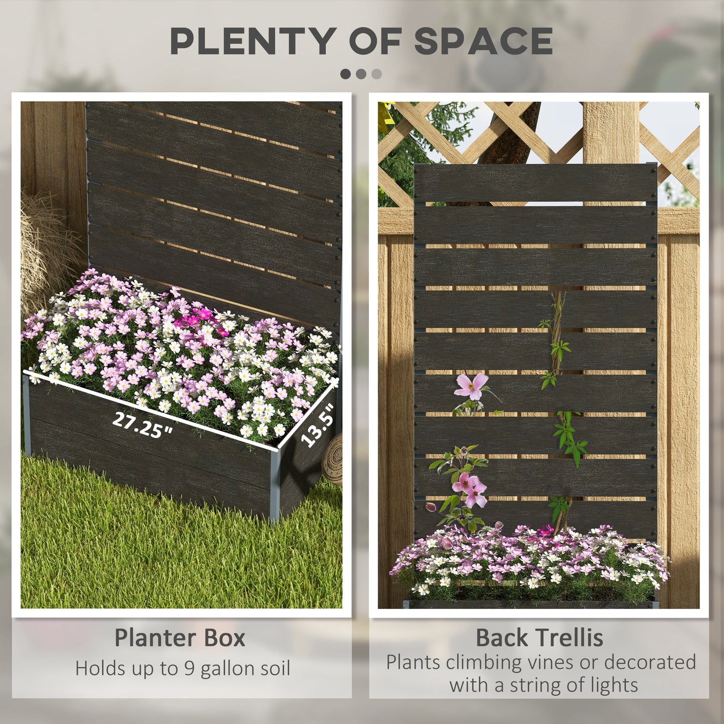 Outdoor Raised Garden Bed with Trellis - Climbing Plant Planter Box, Black, 28.25 x 15 x 59 inches