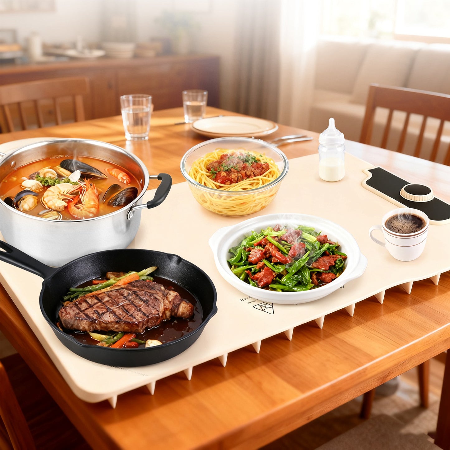 Portable Food Warming Mat 23.6x15.8in 300W Electric Silicone Food Warmer with 14 Temperature Levels & 10H Timer - Beige