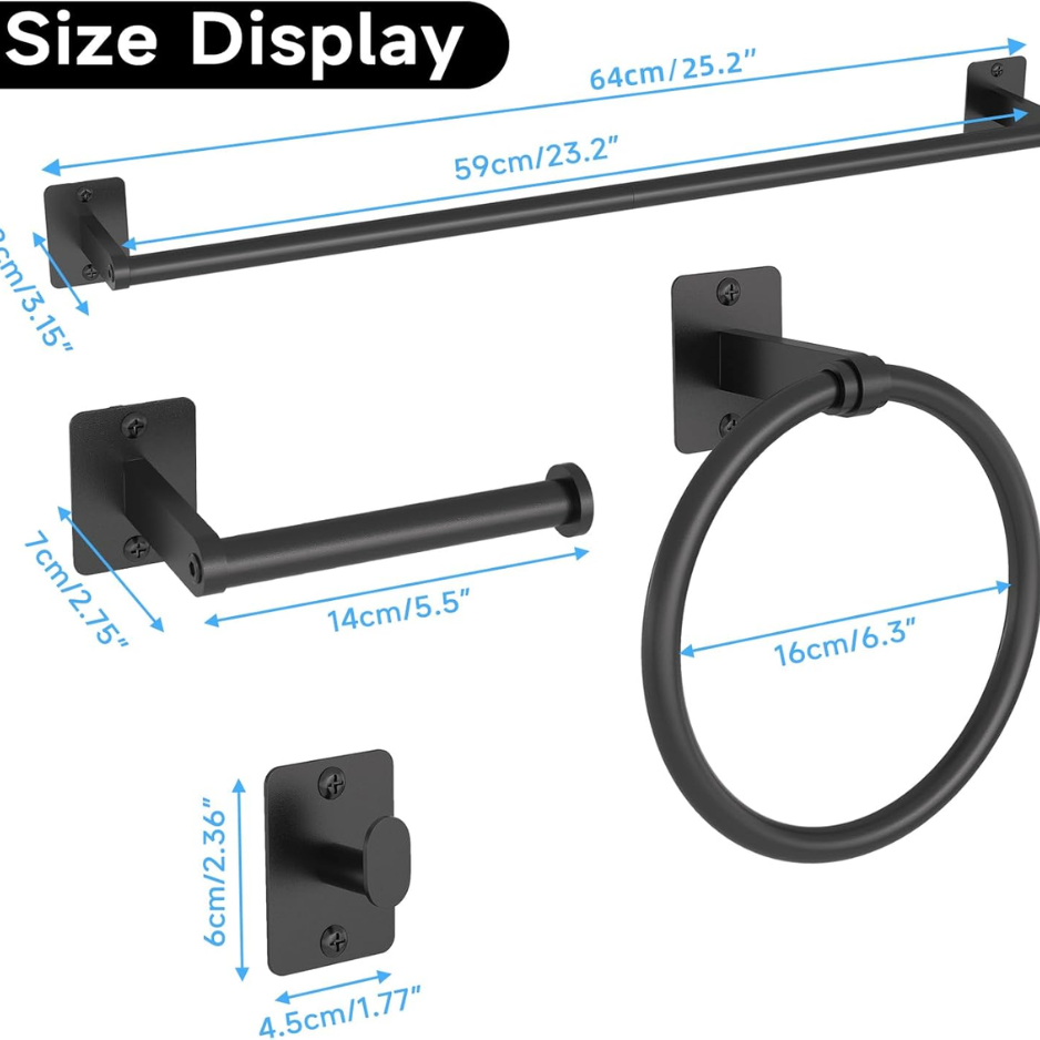 4-Piece Matte Black Bathroom Hardware Set - 24-Inch Towel Bar & Accessories