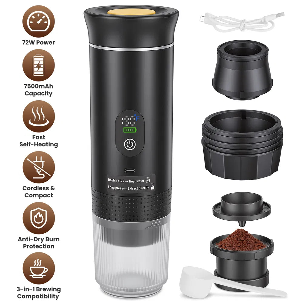 Portable 3-in-1 Espresso Machine Cordless Self-Heating Coffee Maker with 7500mAh Battery - Black