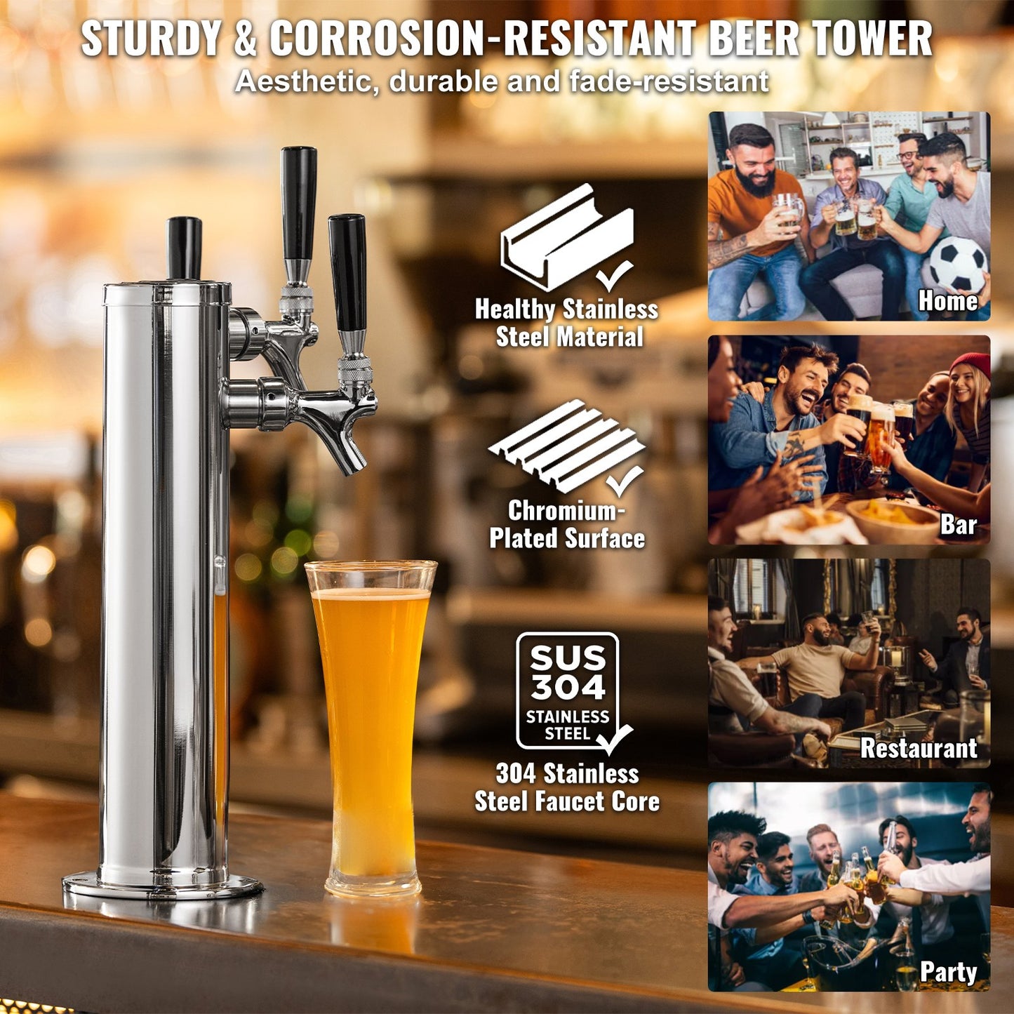 Triple Tap Stainless Steel Draft Beer Tower Dispenser - Silver