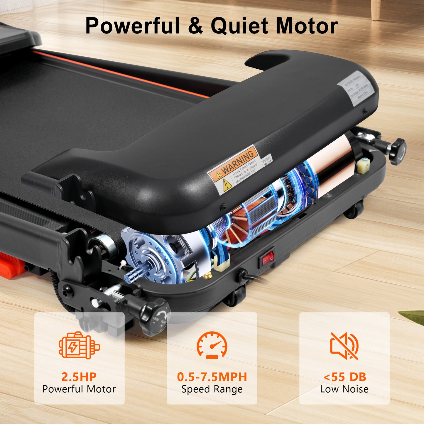 2.5HP Folding Treadmill with Heart Rate Sensor - Black