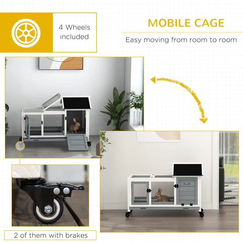 Wooden Rabbit Hutch with Wheels and Run - Small Animal Cage with Slide-Out Tray