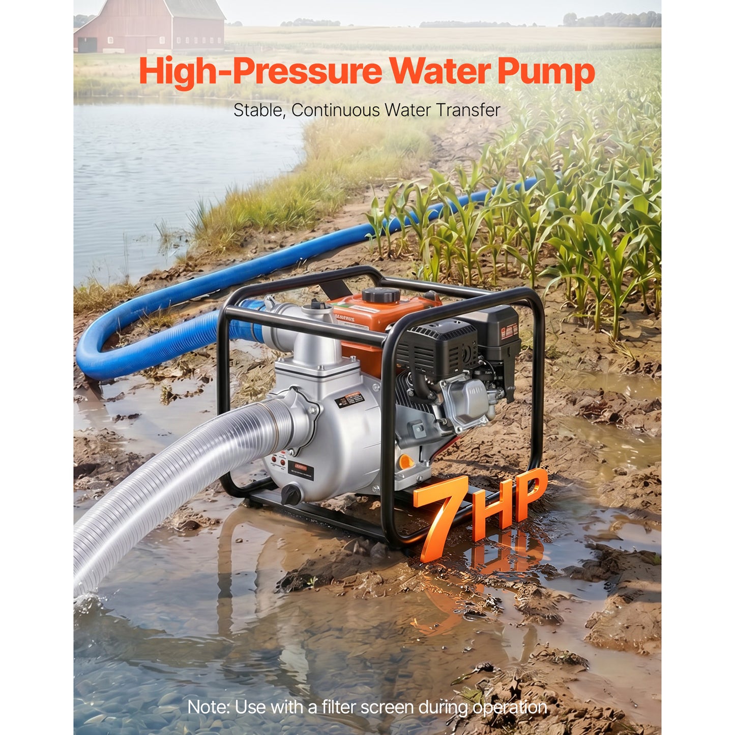 Gas Powered Water Pump 3 Inch 264 GPM 7HP Semi Trash Transfer Pump Portable
