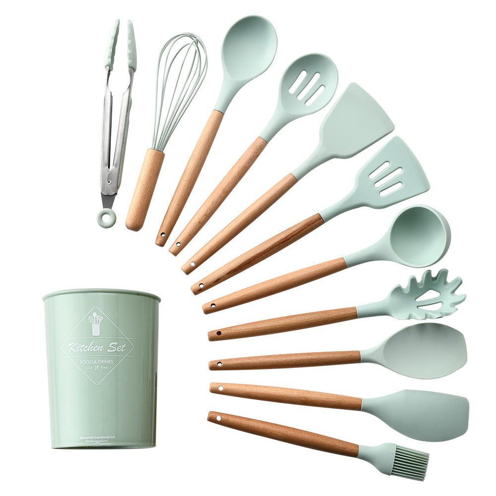 Silicone Kitchen Utensil Set with Wooden Handles - 12pcs Heat-Resistant Cooking Tools
