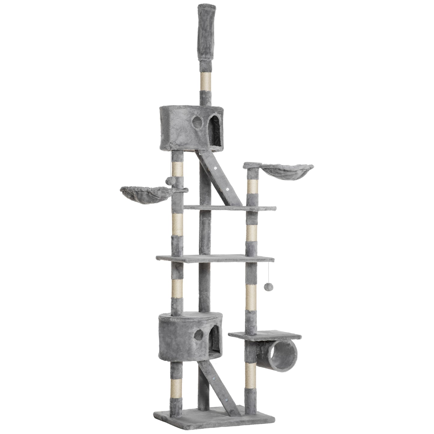 Adjustable Floor-to-Ceiling Cat Tree Tower with Scratching Posts, Condos, Hammocks - Light Gray