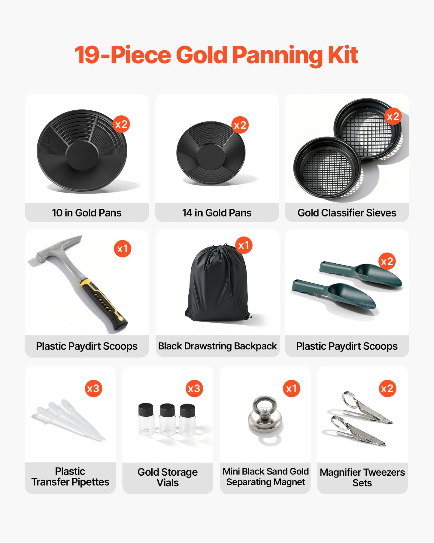 Gold Panning Kit with 10 & 14 Inch Pans, Classifier Sieves, Magnet, Scoops & Backpack - Beginner Prospecting Equipment