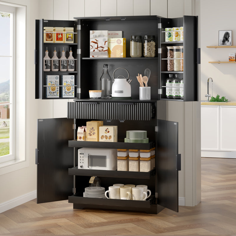 72-Inch Black Pantry Cabinet with 3 Drawers & 6 Shelves