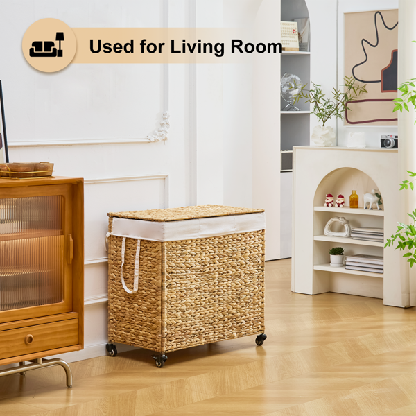 160L 3-Section Laundry Hamper With Lid And Wheels, Woven Natural