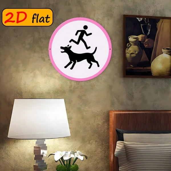 Round Aluminum Sign - Snarling Dog & Running Figure Plaque