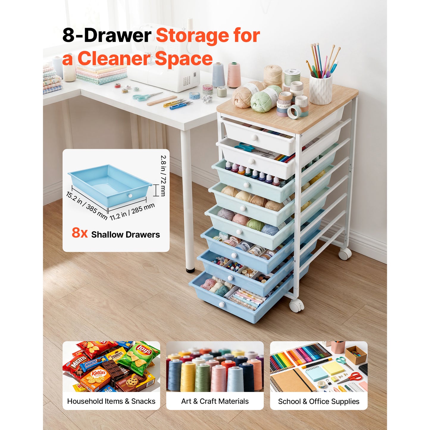 Rolling Storage Cart with 8 Drawers and Wood Top - Mobile Utility Organizer, Green Blue