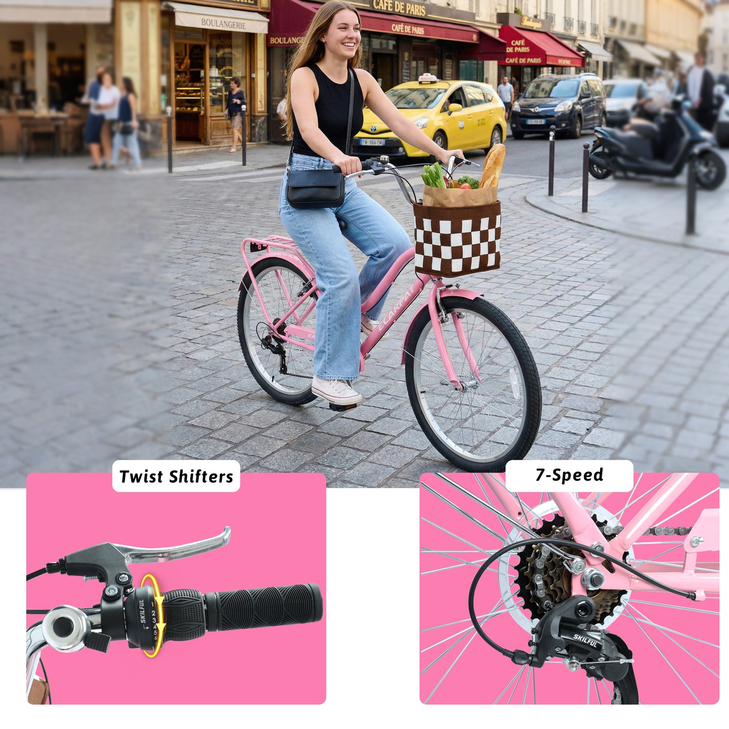 26 Inch City Commuter Bike with 7-Speed Drivetrain & Basket