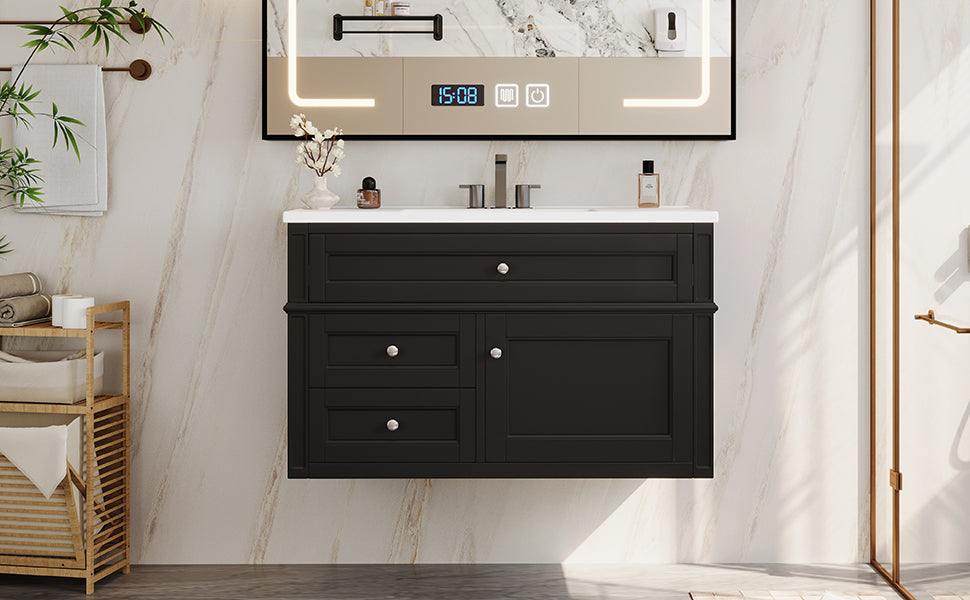 36-Inch Wall Mounted Bathroom Vanity with Ceramic Sink - Black