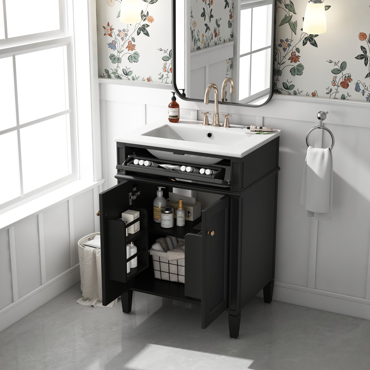 24" Black Bathroom Vanity with Soft-Close Doors & Storage