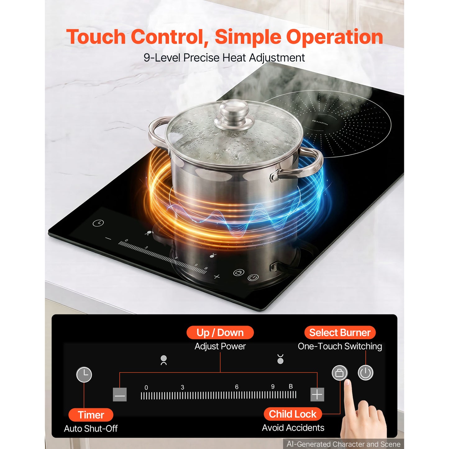 12-Inch Electric Induction Cooktop with 2 Burners, Touch Screen, 9 Power Levels, Ceramic Glass