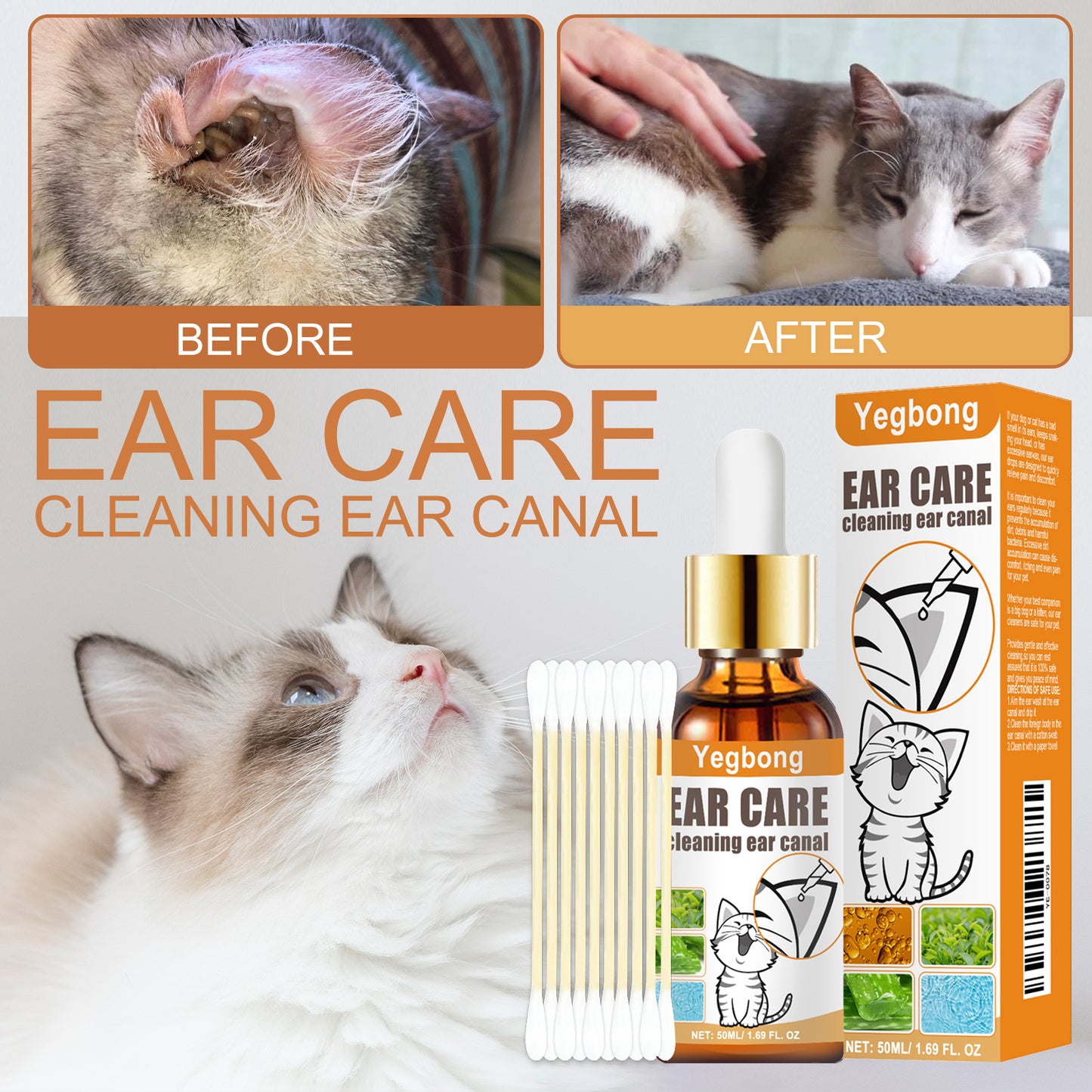 Pet Ear Cleaner Drops for Dogs & Cats - Gentle 50ml Solution with Aloe & Tea Tree Oil