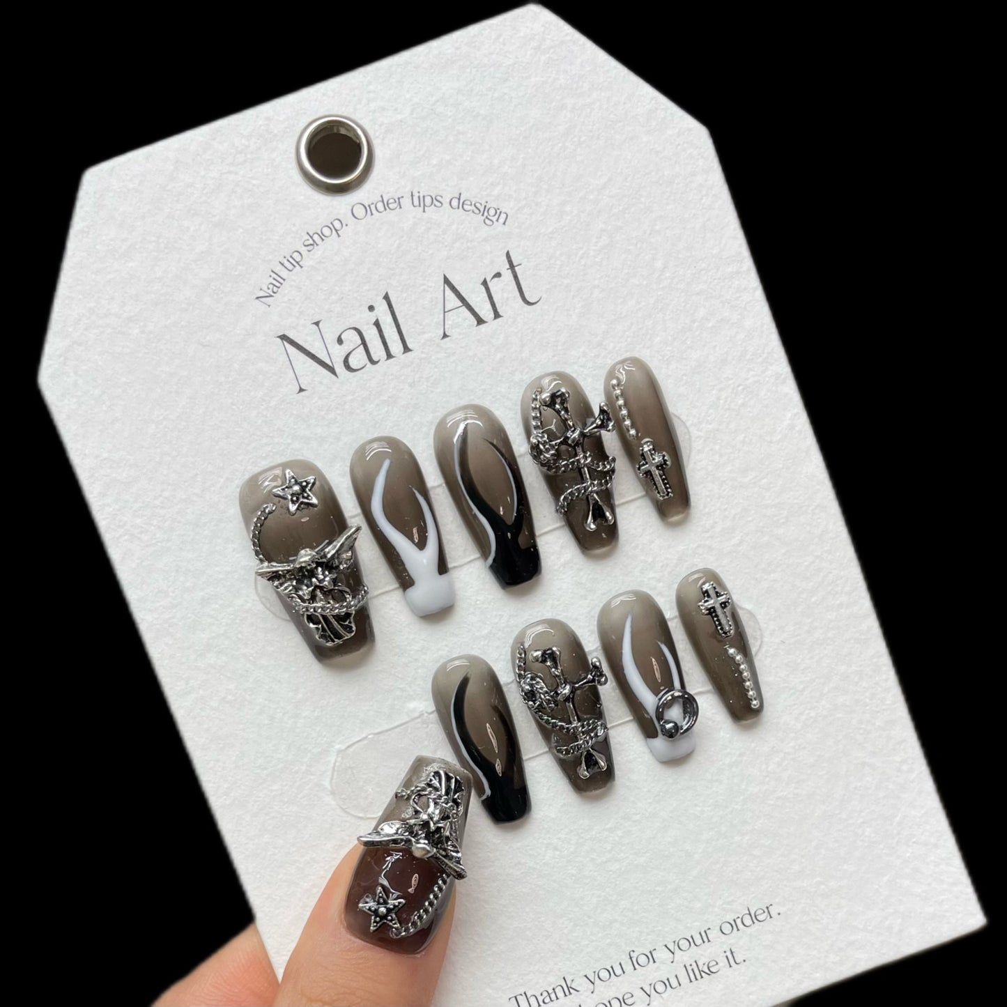 Dark-Style Black and White Nail Art Tips Set for Women