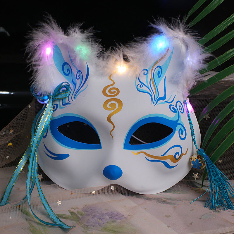Halloween Party Luminous Feather Fox Mask Two-Faced Cat Face Mask