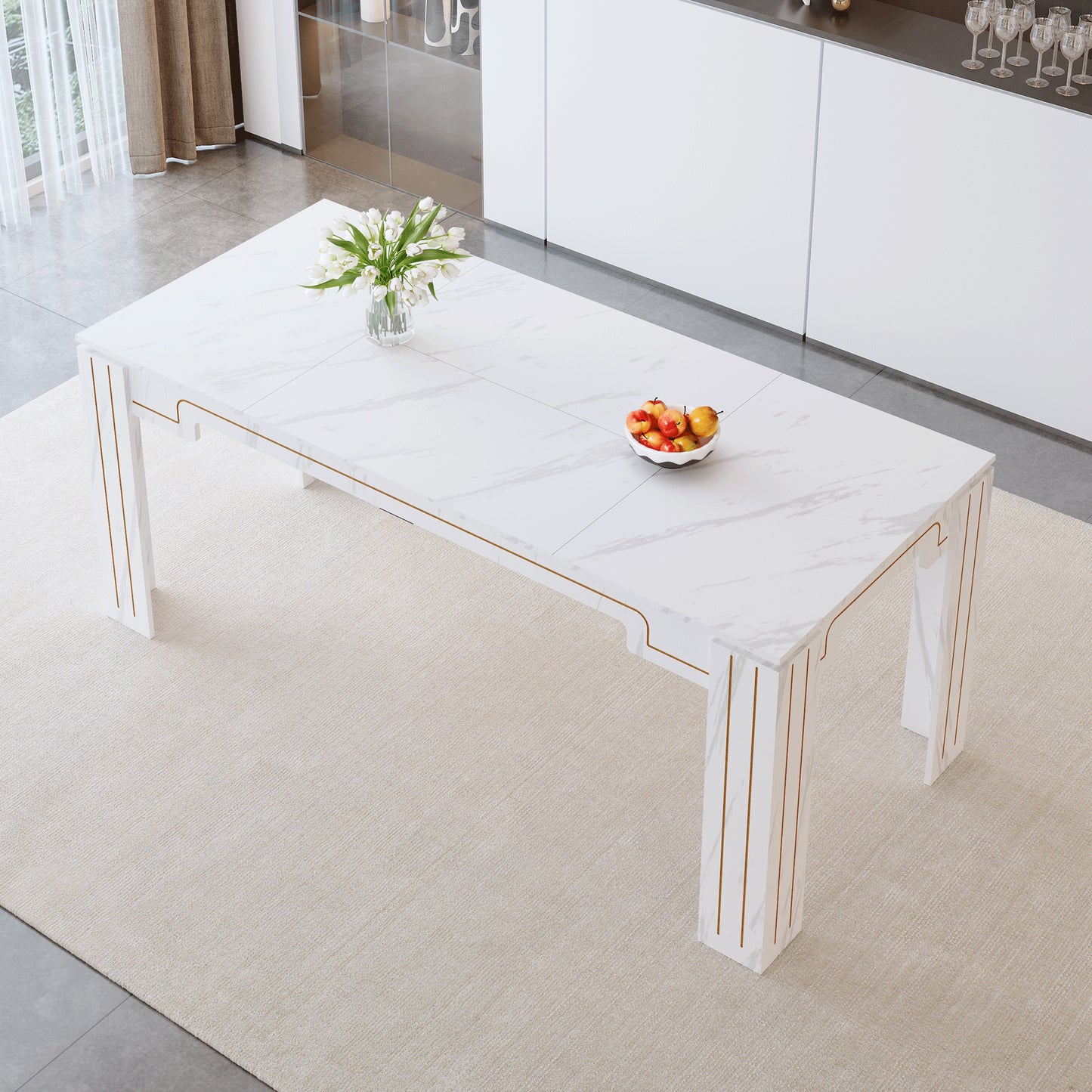 71 X 31.5 Inch White Marble Patterned MDF Spliced Tabletop Dining