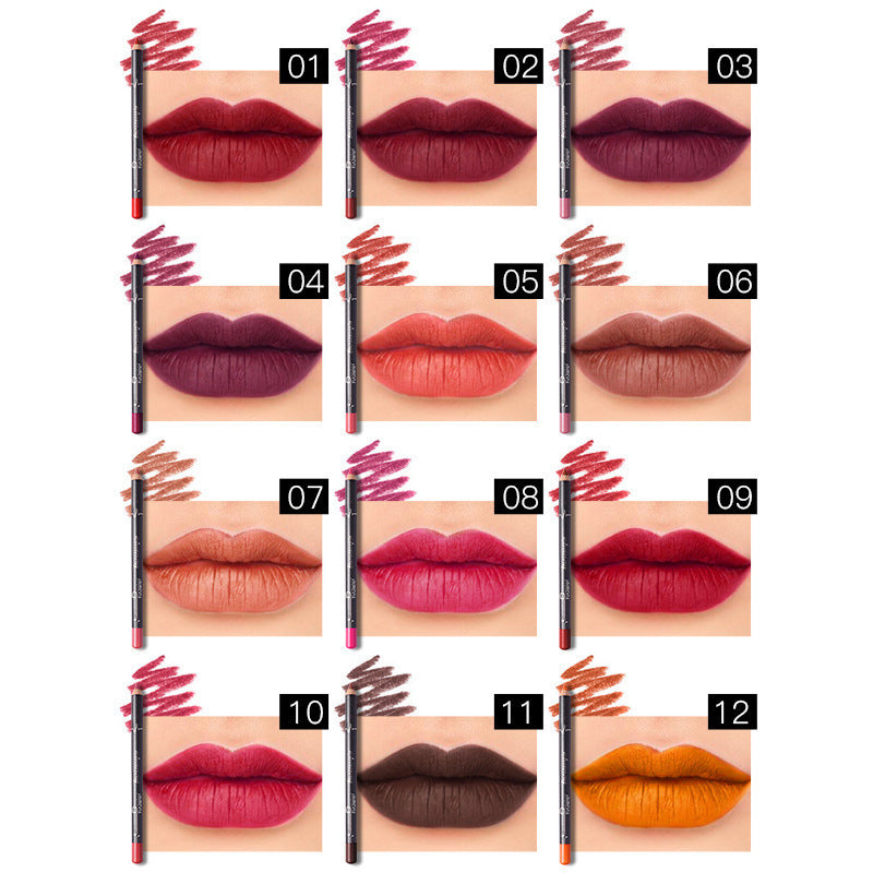 12-Color Long-Lasting Lip Liner Pencil Set - Velvet Matte Waterproof Makeup
