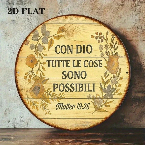 Vintage Italian Phrase Round Aluminum Wall Plaque - 8x8 Inch