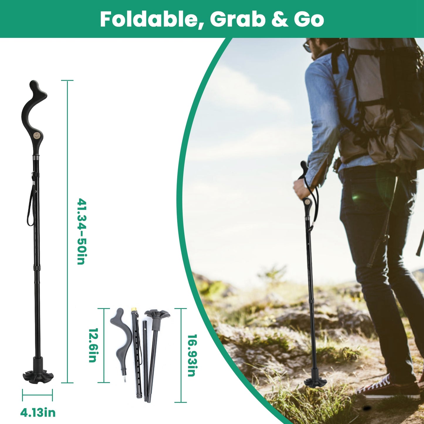 Collapsible Heavy Duty Walking Cane with 10 Adjustable Heights - Black