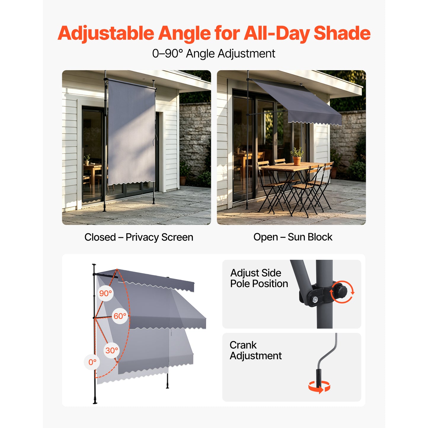 Manual Retractable Patio Awning 59" Sunshade Shelter with Crank Handle - Dark Gray Outdoor Canopy