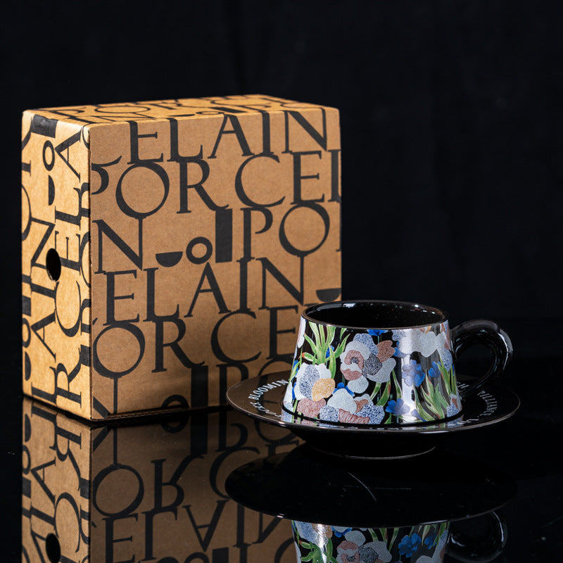 Elegant Iris Flower Ceramic Coffee Cup Set with Gift Box - Multiple Styles & Sizes