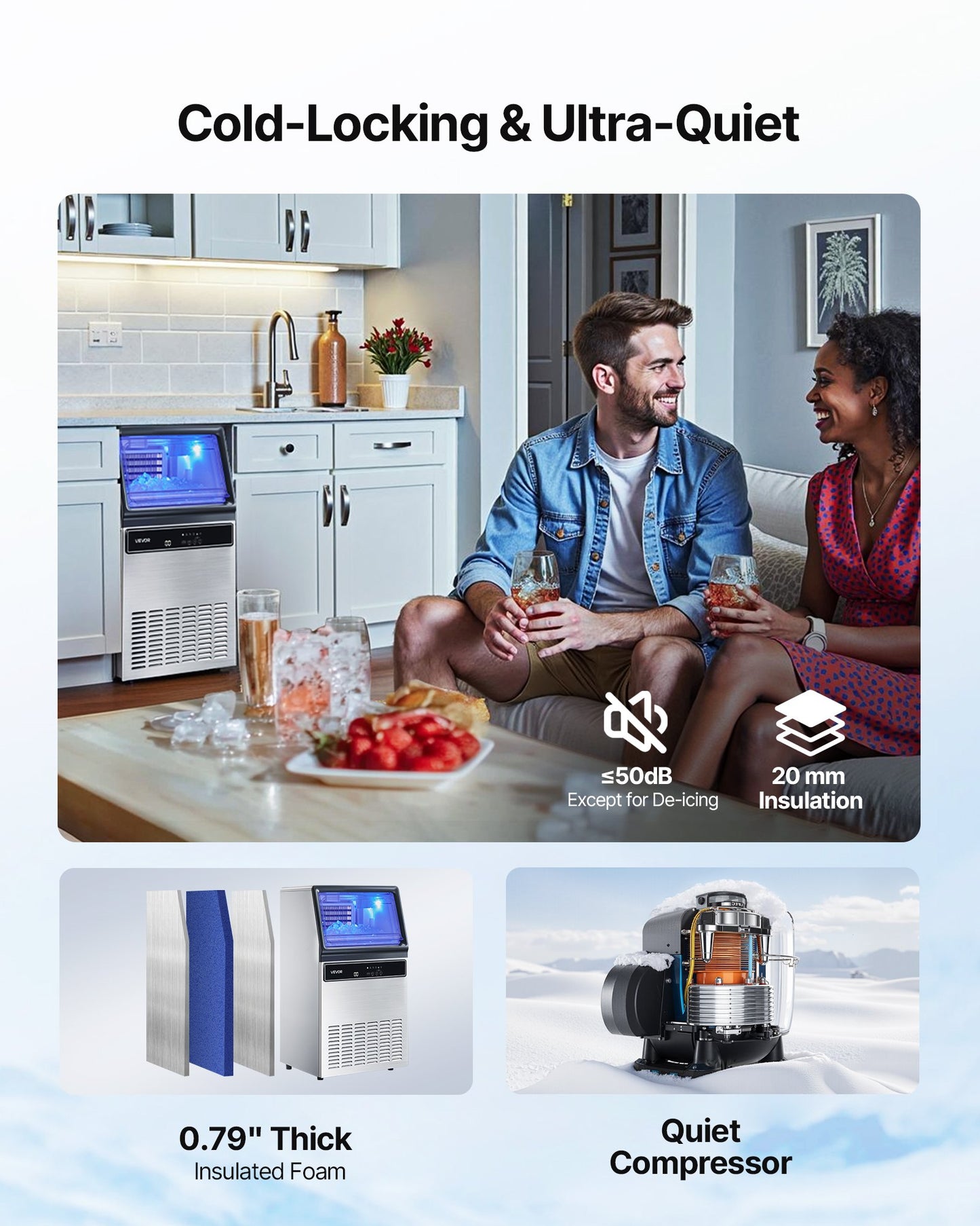 Commercial Ice Maker Machine with Pump, 130Lbs/24H, 33Lbs Storage, LED Display, Self-Cleaning, for Home Bar & Restaurant