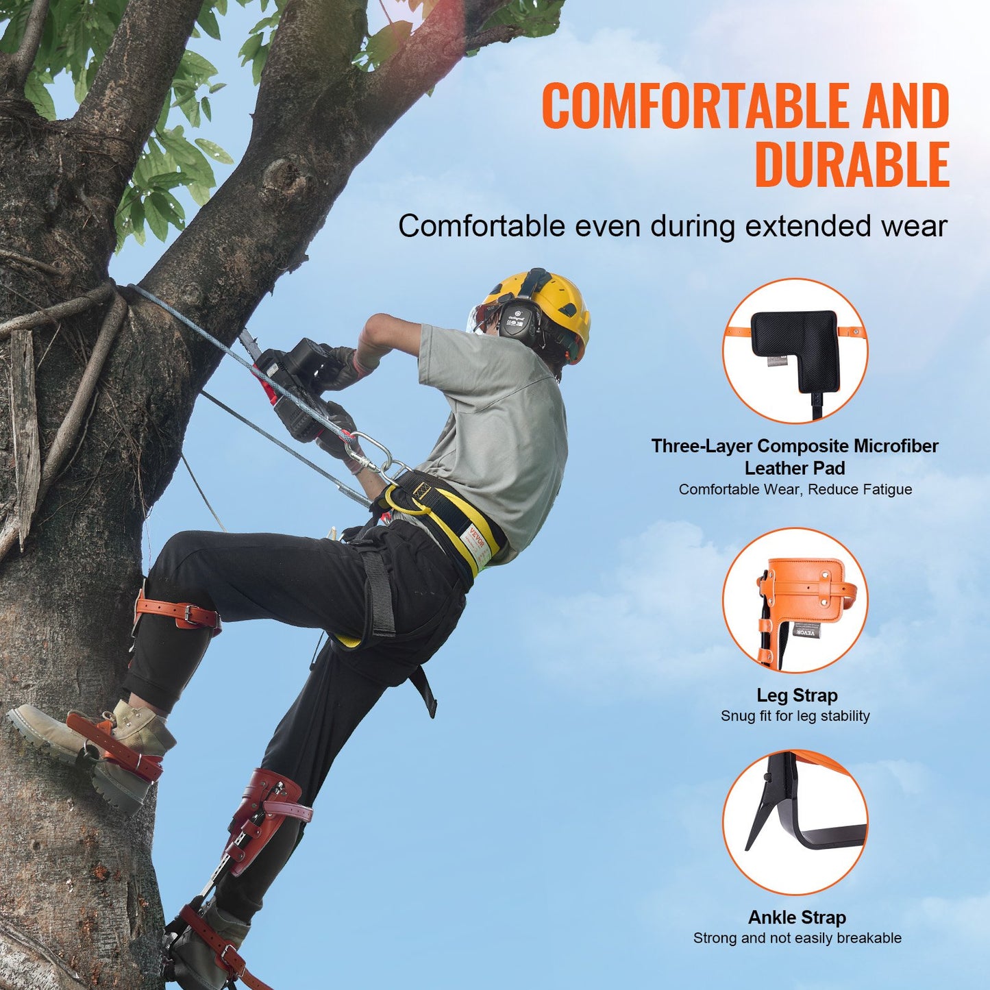 Tree Climbing Spikes Set with Safety Rope and Harness - Alloy Steel, Orange