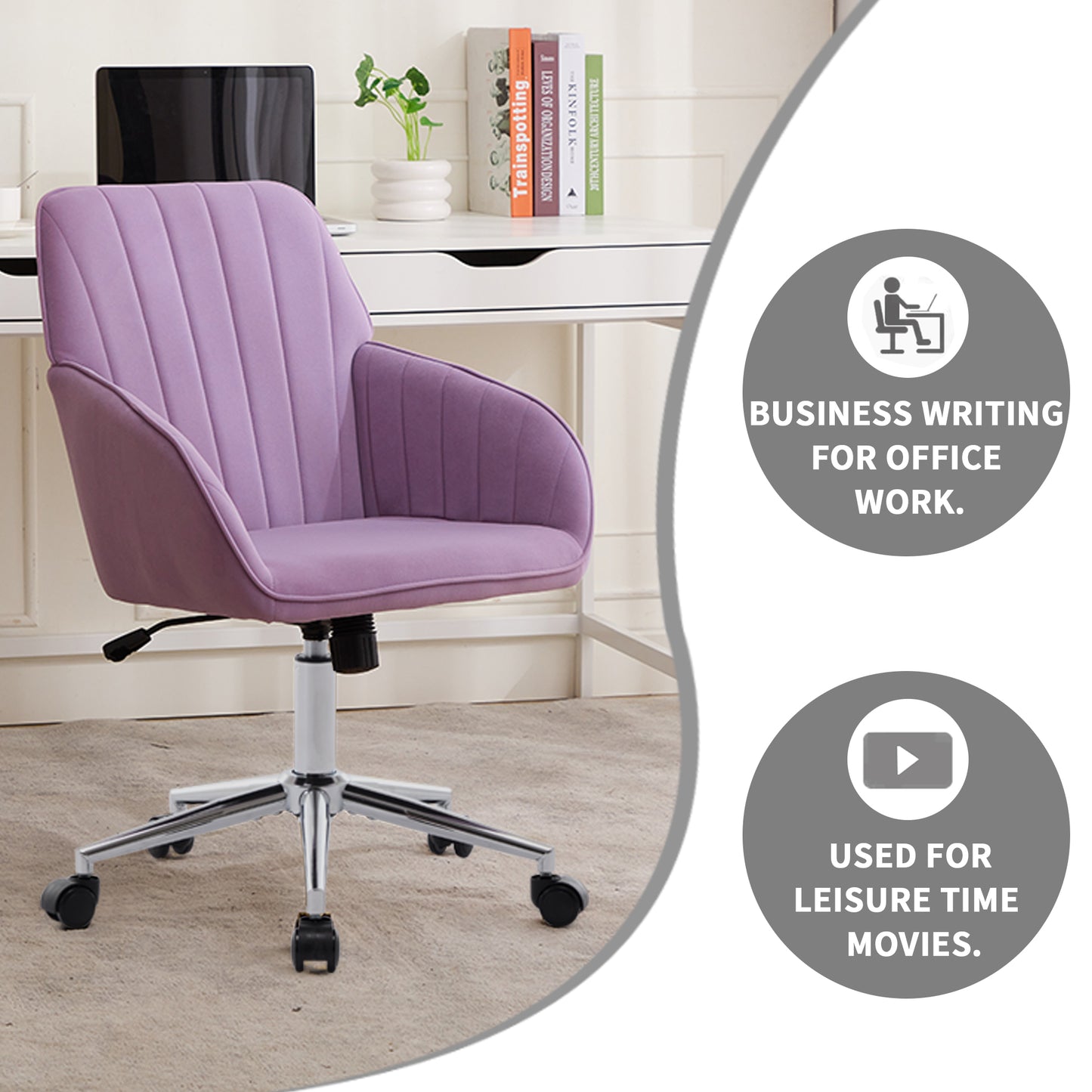 Ergonomic Adjustable Office Chair - Lilac Velvet Swivel Seat
