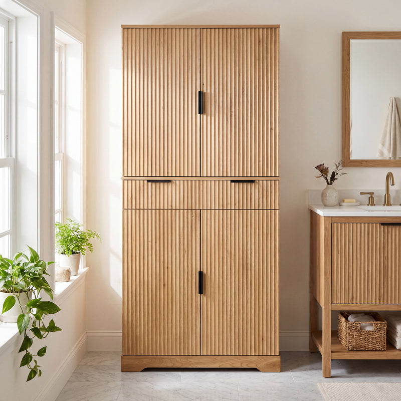72-Inch Fluted Kitchen Pantry Cabinet with 3 Drawers & 6 Shelves - Oak