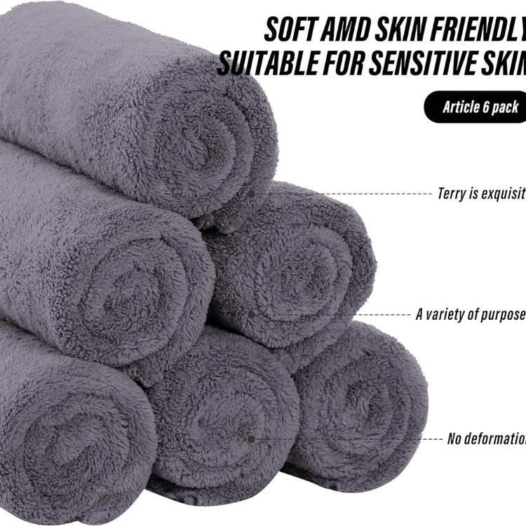 Premium Microfiber Hand Towels Set - Quick Dry & Highly Absorbent, 6 Pack, Gray