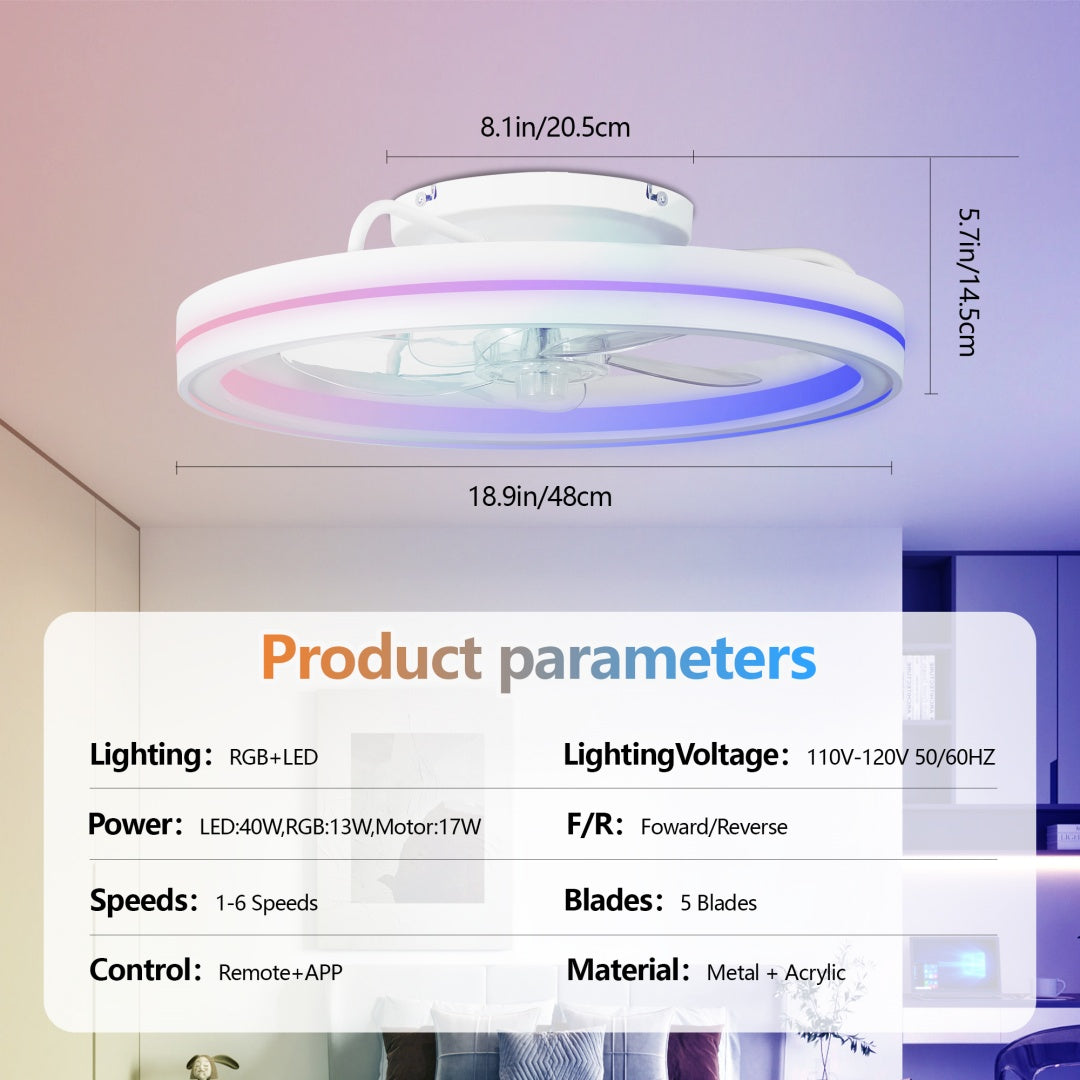 19in RGB Ceiling Fan with Lights Remote App Control Modern Low Profile Flush Mount