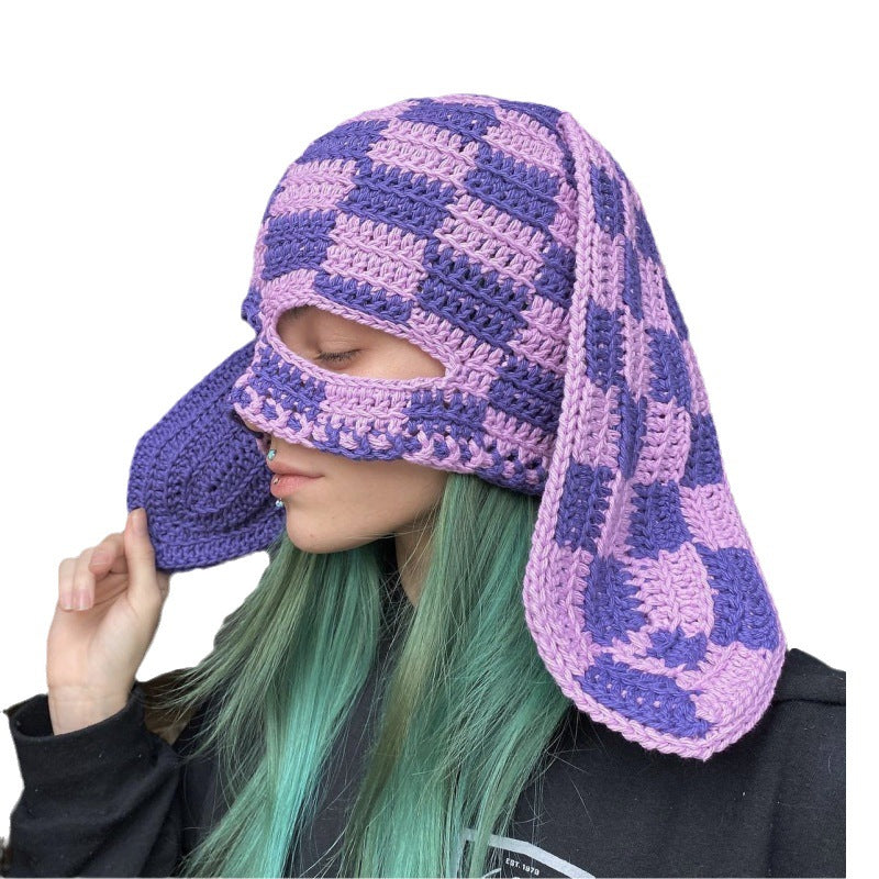 Knitted Rabbit Ear Mask Hat - Funny One-Eye Exposed Horn Thermal & Windproof